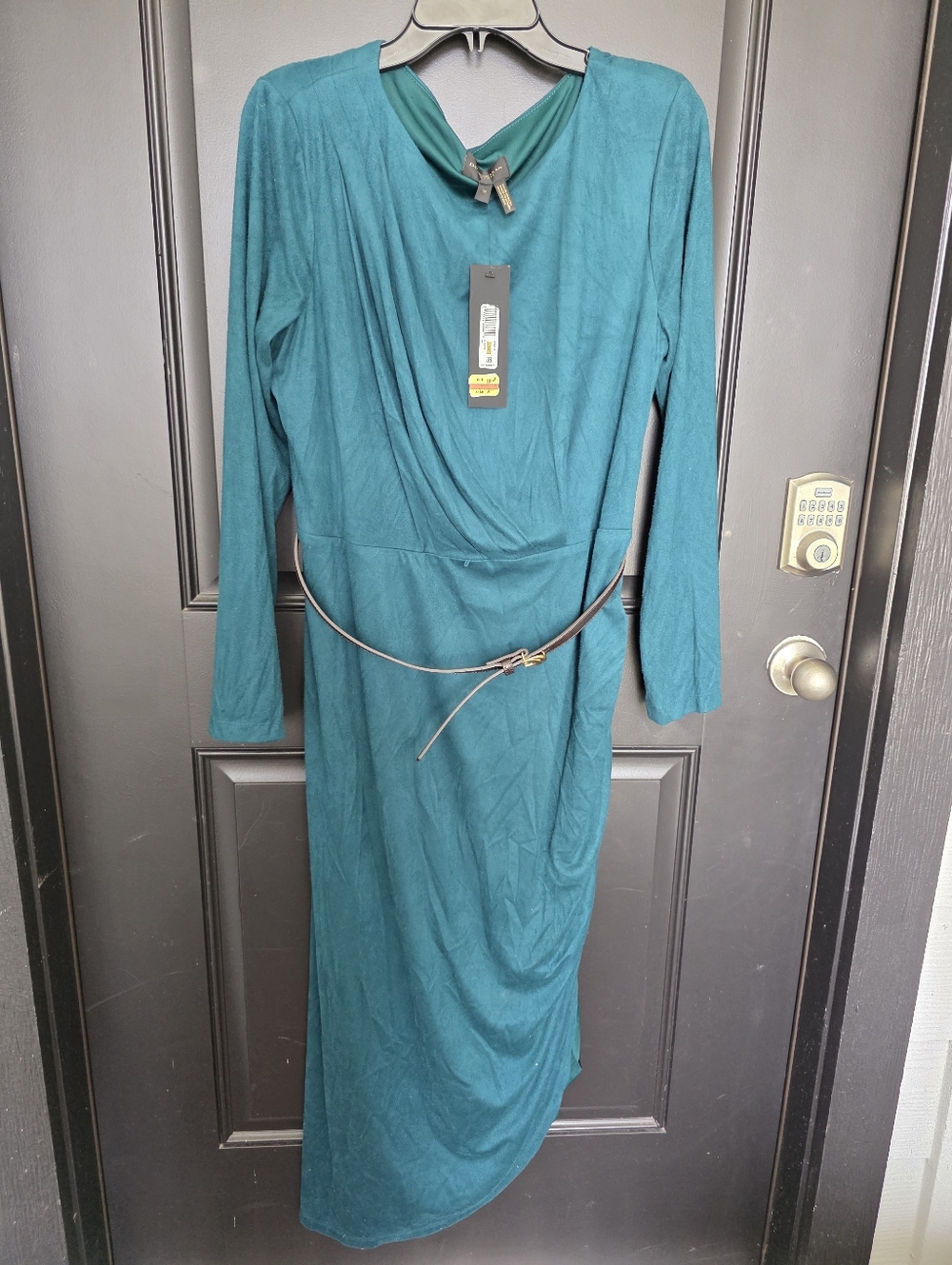 Donna Karan New York Teal Draped Dress Sz 16 Long Sleeve Belted Midi Sheath NWT - Picture 5 of 13